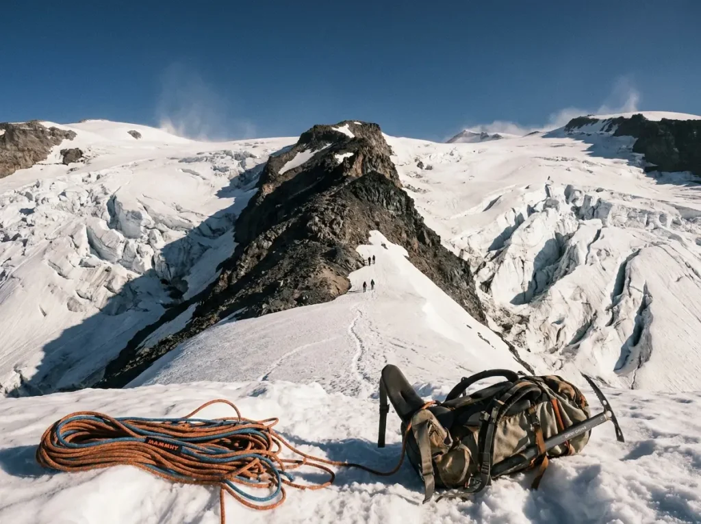 Wide view of the Disappointment Cleaver route and crevasse field on Mount Rainier's glacier