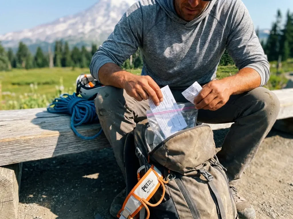 Climber organizing gear and permit at the Paradise trailhead before a Mount Rainier climb