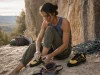 Best Climbing Shoes for Sport Climbing by Route Angle Climber lacing La Sportiva Katana Lace sport climbing shoes at the base of a limestone route