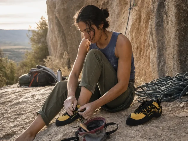 0-best-climbing-shoes-for-sport-climbing-hero Climber lacing La Sportiva Katana Lace sport climbing shoes at the base of a limestone route