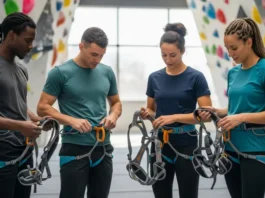 A group of diverse climbers in a gym examining different beginner climbing harnesses, focusing on comfort and fit for best rock climbing harness for beginners.