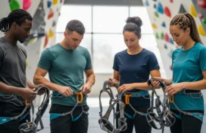 Best Beginner Harnesses for Comfort & Fit (2025) A group of diverse climbers in a gym examining different beginner climbing harnesses, focusing on comfort and fit for best rock climbing harness for beginners.