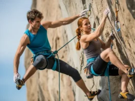 Two climbers, male and female, demonstrating precise footwork and powerful moves on an outdoor sport climbing route, highlighting the best climbing shoes.