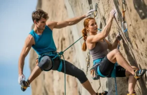 Precision & Power: Best Sport Climbing Shoes (2025) Two climbers, male and female, demonstrating precise footwork and powerful moves on an outdoor sport climbing route, highlighting the best climbing shoes.
