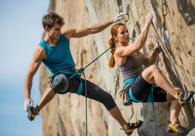 Two climbers, male and female, demonstrating precise footwork and powerful moves on an outdoor sport climbing route, highlighting the best climbing shoes.
