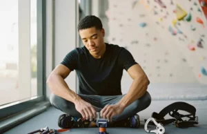 Belay with Confidence: Choosing Your First Equipment A climber confidently inspects their first set of belay equipment, including a harness and various belay devices, preparing for their climbing journey.
