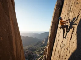 Two climbers, male and female, ascending a big wall using rock climbing ascenders, demonstrating efficiency and skill in rope ascension.