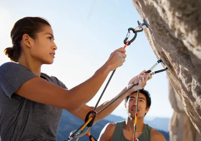 Two rock climbers, male and female, demonstrating quickdraw use on a sunny rock face, highlighting how to choose and clip quickdraws for climbing safety.