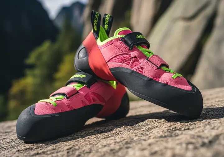 A detailed view of high-performance sport climbing shoes on rock, illustrating the anatomy of the best climbing shoes.