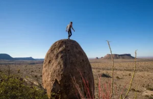 Big Bend Bouldering Area? Yes! Essential TX Guide Climber successfully reaching the top of a large boulder in the Big Bend bouldering area, with the expansive Texas desert landscape in the background, illustrating an essential guide to bouldering in the region.