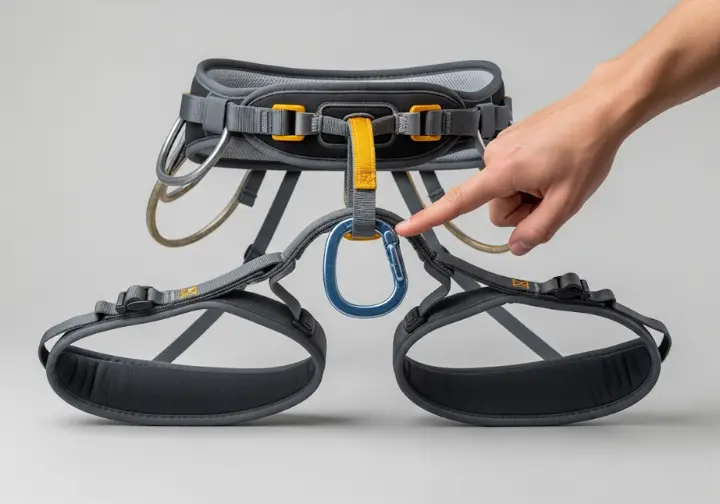 Close-up of a climbing harness displaying its components, representing harness fundamentals for new climbers and best rock climbing harness for beginners.
