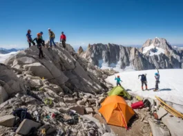 Panoramic view of Sierra Nevada peaks with mountaineers engaged in climbing activities, illustrating skills and gear for mountaineering in the Sierra Nevada.