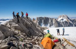 Mountaineering Sierra Nevada: Peaks, Skills, Gear Panoramic view of Sierra Nevada peaks with mountaineers engaged in climbing activities, illustrating skills and gear for mountaineering in the Sierra Nevada.