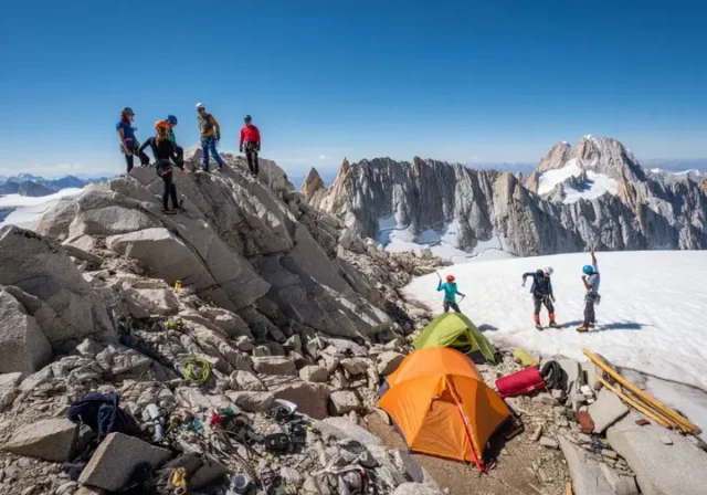 Panoramic view of Sierra Nevada peaks with mountaineers engaged in climbing activities, illustrating skills and gear for mountaineering in the Sierra Nevada.