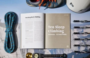 Ten Sleep Rock Climbing: Ultimate ’25 Field Guide An open Ten Sleep rock climbing '25 field guide surrounded by climbing gear, with Ten Sleep Canyon in the background, symbolizing a comprehensive resource.