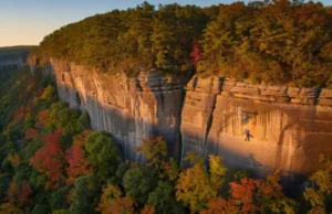 Unlock Red River Gorge Climbing: Maximize Your Gorge Trip Expansive view of Red River Gorge cliffs at golden hour, hinting at the potential for a maximized climbing trip in this premier climbing destination.