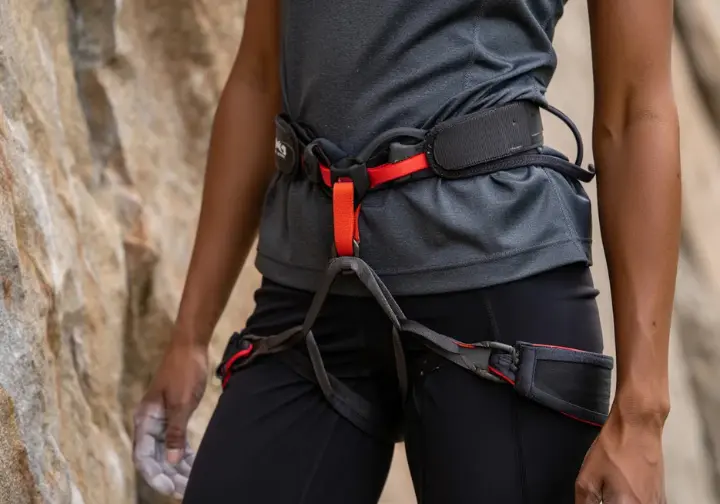 Close-up of a women's climbing harness properly fitted on a female climber, highlighting waist and leg loop fit.