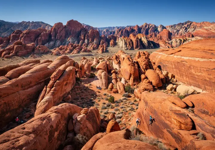 Panoramic vista of Red Rock Canyon's iconic bouldering fields, illustrating the vast landscape of Aztec sandstone boulders that establish it as a bouldering paradise.