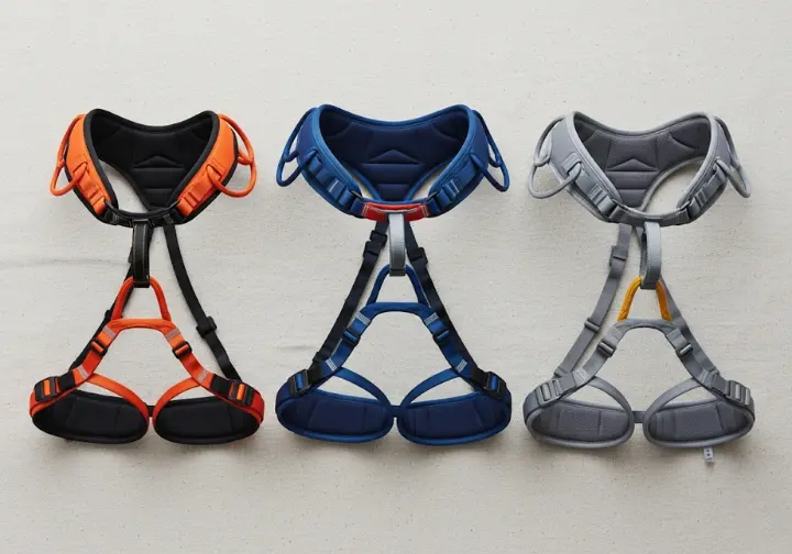 A flat lay display of three top-rated beginner climbing harnesses, highlighting the best beginner climbing harnesses of 2025 for rock climbing.