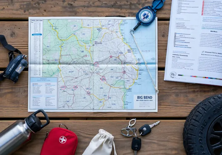 Essential logistical items for a Big Bend bouldering trip, including a map, guidebook, and safety gear, laid out for mission planning in the Big Bend bouldering area.