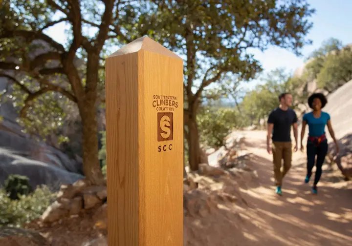 A well-maintained trail and SCC sign at the Boat Rock bouldering area, symbolizing the conservation triumph by the Southeastern Climbers Coalition in preserving this natural climbing resource.