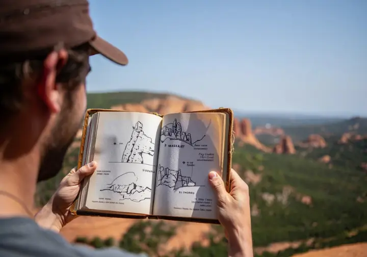 Climber holding a guidebook featuring iconic Spanish rock climbing destinations, spotlighting the variety of renowned climbing spots in Spain.