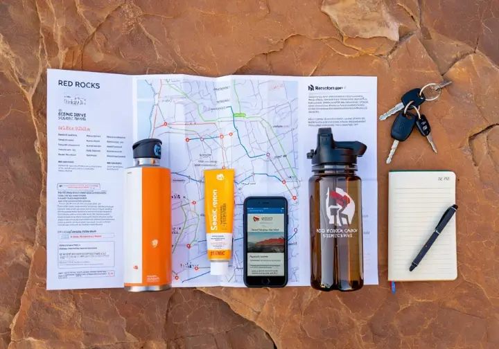 Flat lay of essential logistical items for a Red Rocks bouldering trip, including a park map, water bottle, and smartphone showing timed entry reservation.