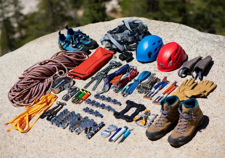 Organized essential climbing and hiking equipment for gearing up for a Half Dome ascent in Yosemite, crucial for yosemite climbing half dome.