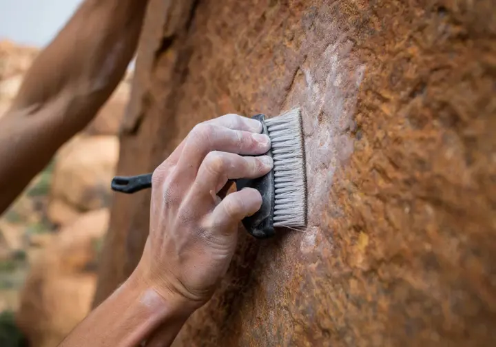 Climber's hands carefully brushing chalk off a rock hold in the Big Bend bouldering area, demonstrating safe and ethical climbing protocols.