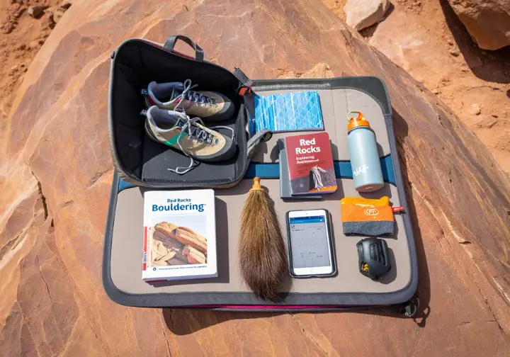 Essential bouldering gear for Red Rocks, including climbing shoes, chalk bag, brush, and crash pad, laid out at the base of a sandstone boulder.