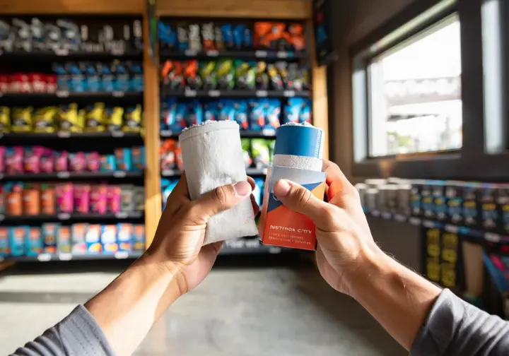 A first-person view of a climber in a store comparing different brands of climbing chalk, illustrating the process of navigating the chalk market.