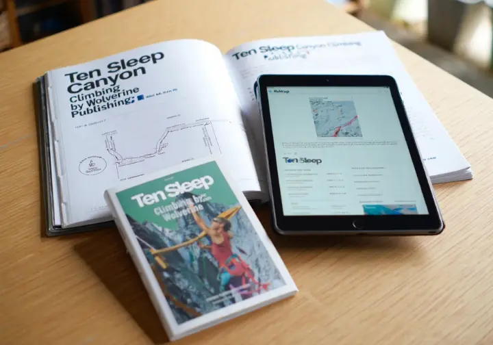 A collection of essential 2025 Ten Sleep rock climbing guidebooks, both print and digital, displayed clearly.