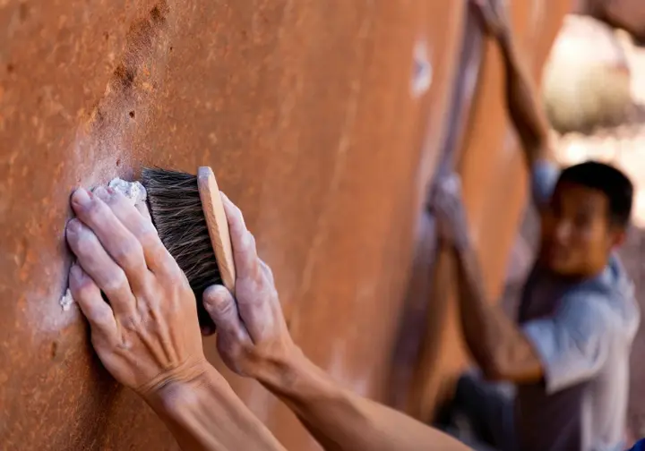 Close-up of a climber brushing a sandstone hold in Red Rocks while an attentive partner spots, illustrating smart and safe bouldering practices.