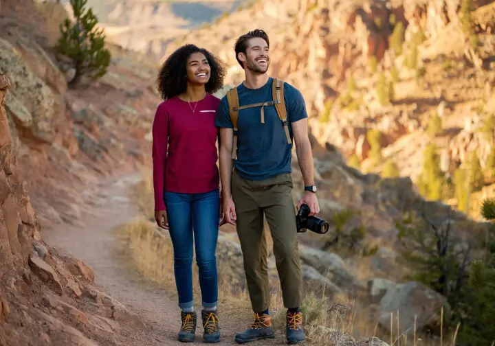 Two diverse climbers hiking and enjoying a scenic view in the Bighorn Mountains on a rest day from Ten Sleep rock climbing.