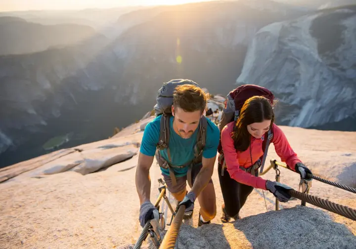 Hikers employing safe descent strategies on the Half Dome cables, marking the way down after their yosemite climbing half dome experience.