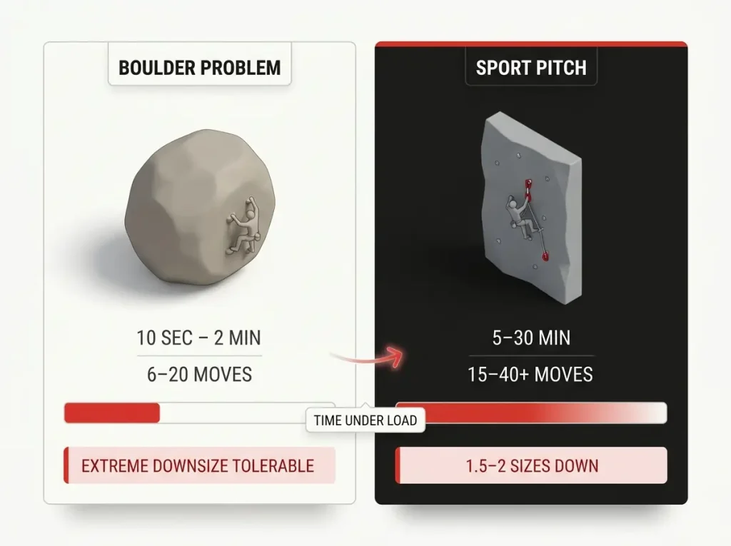 Infographic comparing boulder problem and sport pitch duration, move count, and shoe sizing with a time-under-load bar