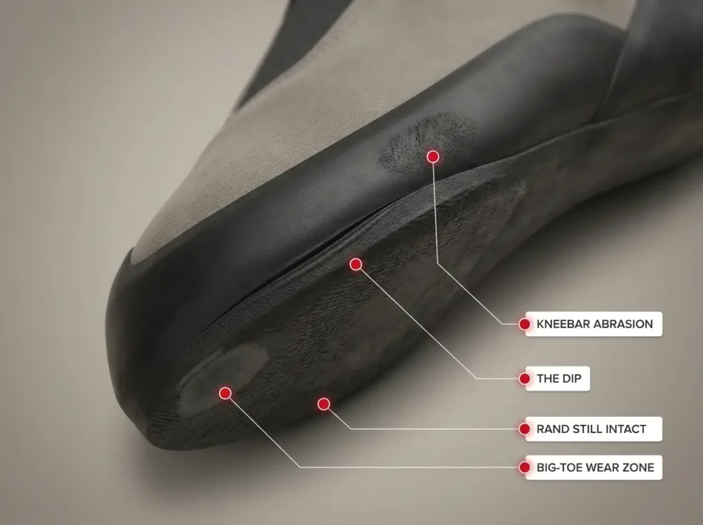 Annotated close-up of a worn climbing shoe toe showing the wear zone, the dip, rand condition, and kneebar abrasion