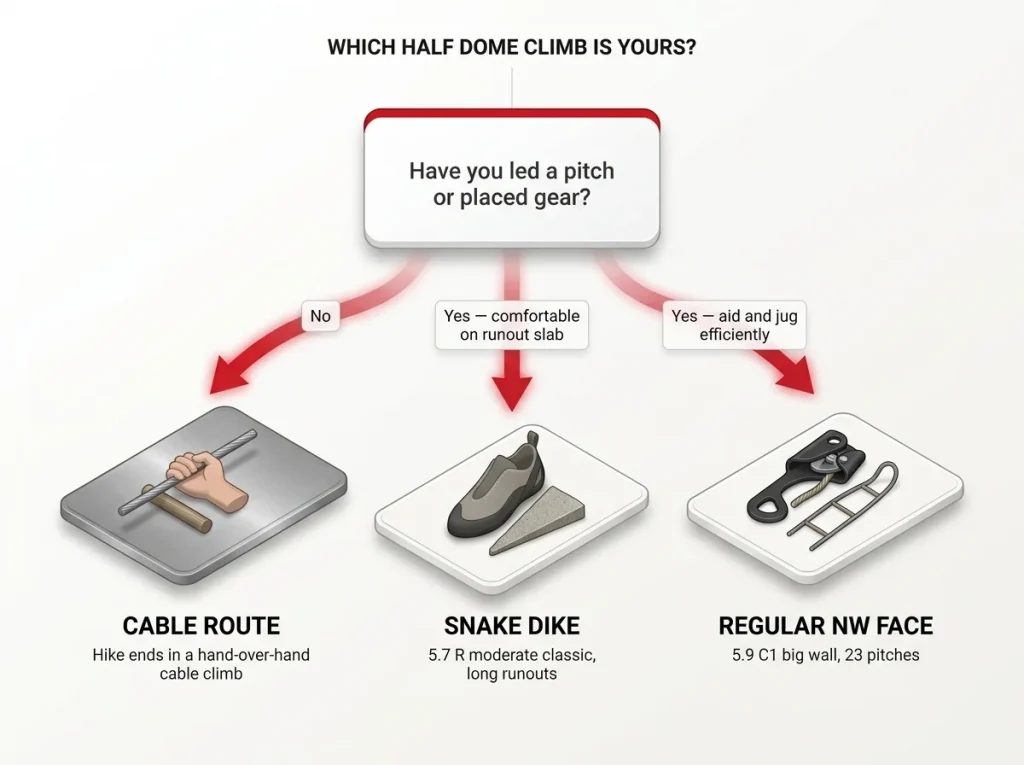 Decision-tree infographic showing how to choose the right Half Dome route by rope and gear experience