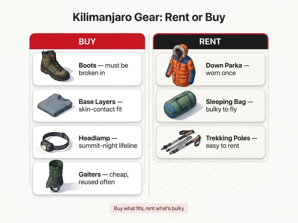 Two-column rent-vs-buy decision table for Kilimanjaro gear with boots and base layers to buy, parka and bag to rent