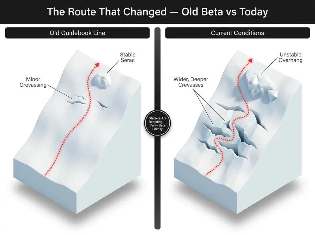 Annotated diagram comparing a receding glacier route with old and current crevasse and serac exposure