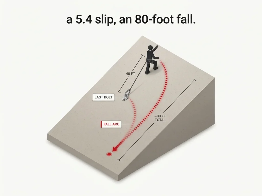 Annotated diagram showing how a 40-foot runout on Snake Dike becomes an 80-foot fall on slab