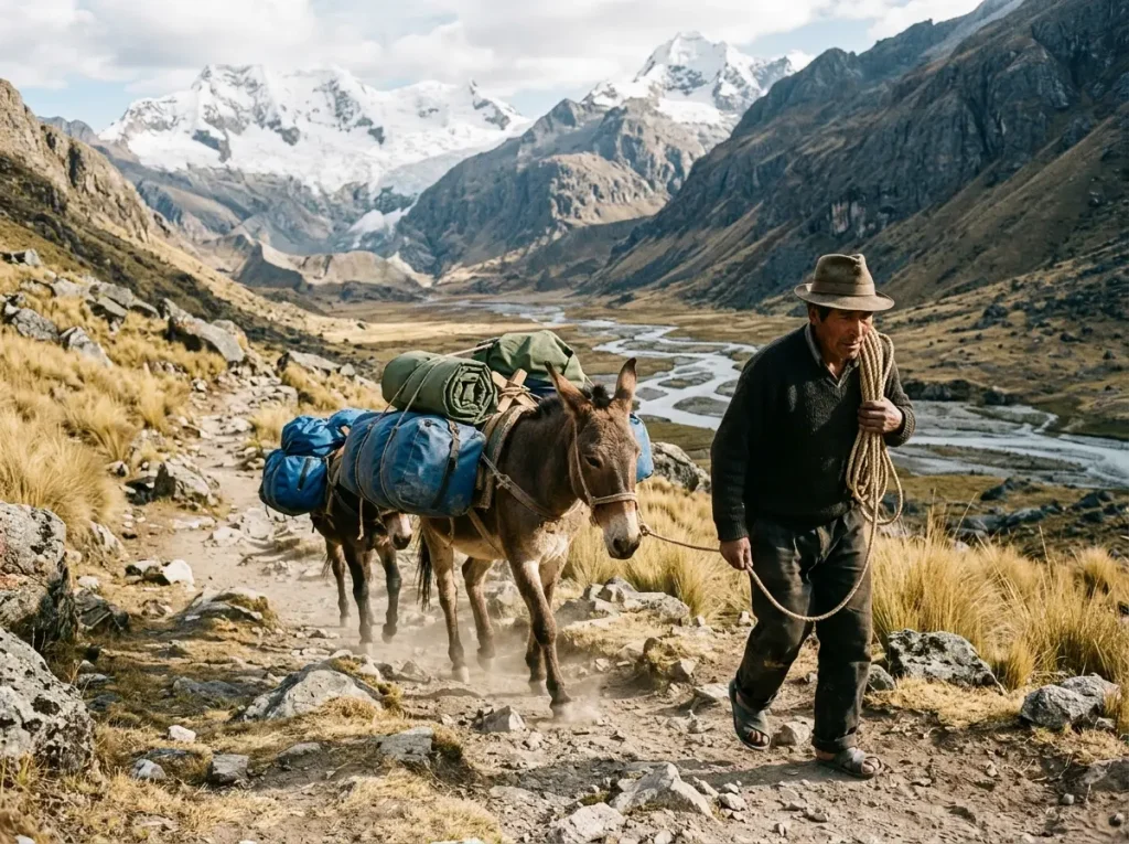 Arriero leading burros loaded with gear toward base camp in the Cordillera Blanca