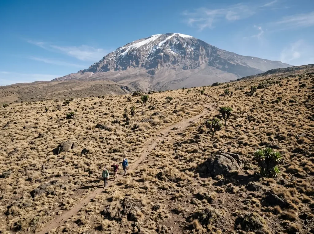 Hikers crossing open moorland below Kibo while climbing Kilimanjaro in dry season
