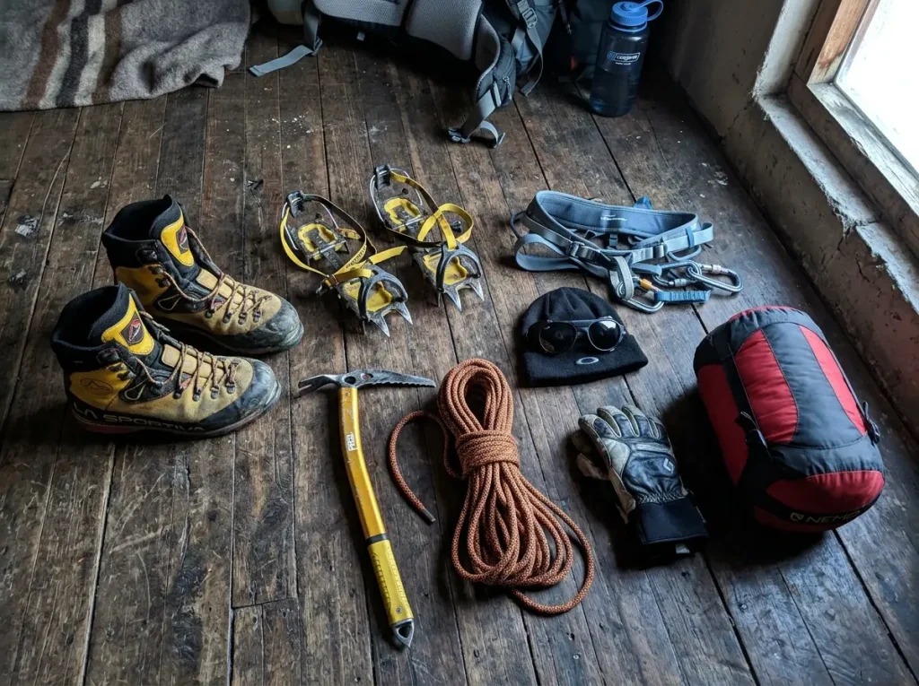 Mountaineering boots, crampons and axe laid out on a refugio floor for a Cordillera Blanca climb