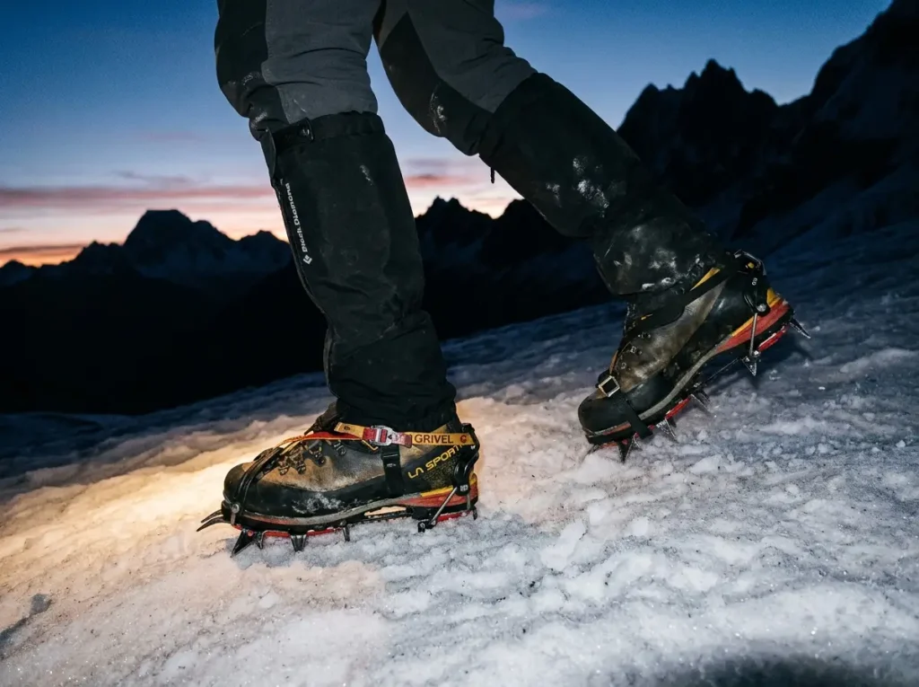 Crampons biting firm dawn névé on an early-morning Peru summit push