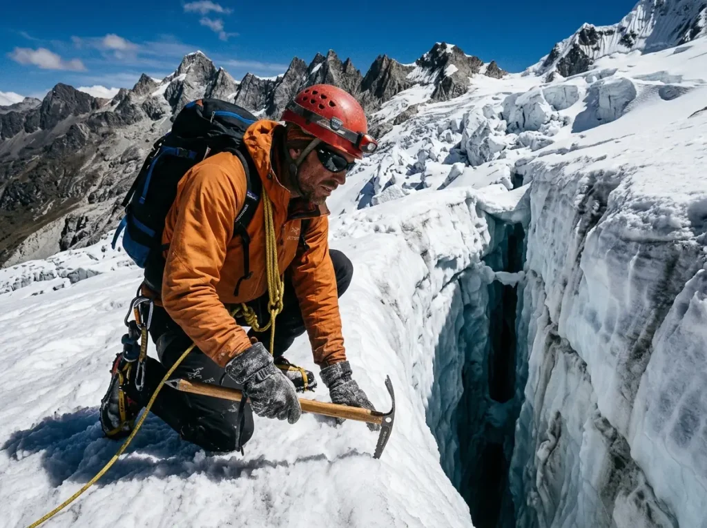 Climber peering into a glacier crevasse on a receding Cordillera Blanca route in Peru