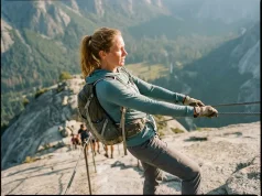Half Dome Has Two Climbs and Most Pick Wrong Hiker on the steep granite cable route climbing Half Dome in Yosemite at golden hour