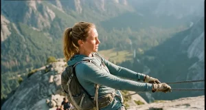 Half Dome Has Two Climbs and Most Pick Wrong Hiker on the steep granite cable route climbing Half Dome in Yosemite at golden hour