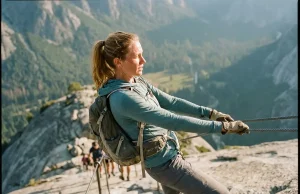 Half Dome Has Two Climbs and Most Pick Wrong Hiker on the steep granite cable route climbing Half Dome in Yosemite at golden hour
