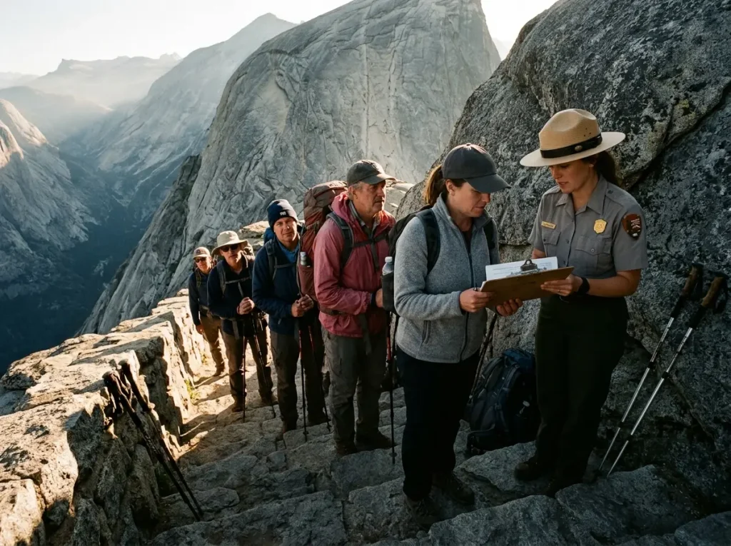 Hikers lined up at the Half Dome subdome checkpoint where permits are checked in Yosemite